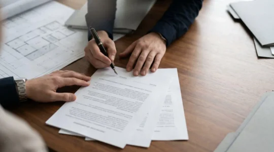 Scène professionnelle de signature de documents immobiliers sur un bureau en bois avec stylo et dossiers