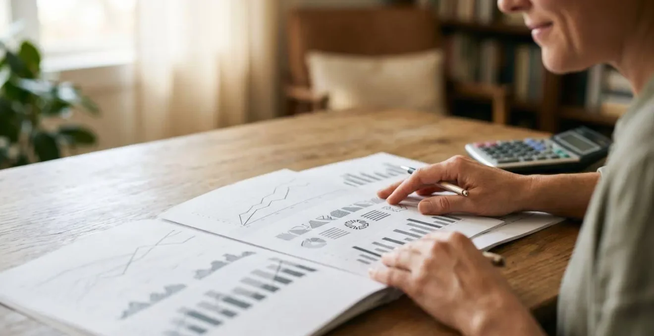 Personne examinant des documents financiers avec soulagement dans un environnement domestique moderne