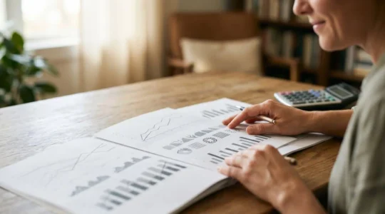 Personne examinant des documents financiers avec soulagement dans un environnement domestique moderne