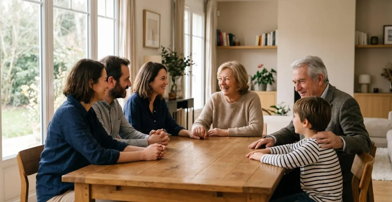 Une famille multigénérationnelle se réunit autour d'une table pour discuter de la planification successorale et de la protection patrimoniale