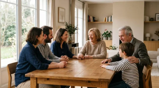 Une famille multigénérationnelle se réunit autour d'une table pour discuter de la planification successorale et de la protection patrimoniale