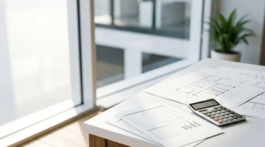 Négociation de prêt immobilier avec documents financiers et calculatrice sur un bureau moderne