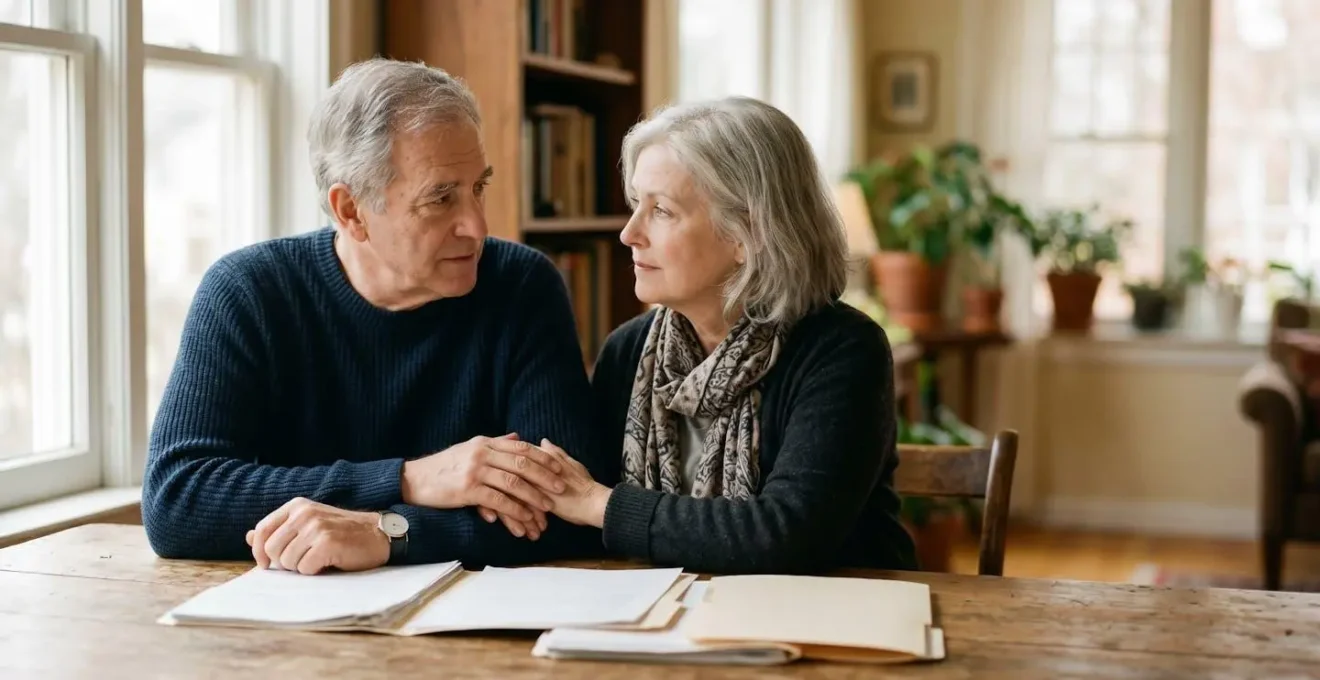 Un couple mature examine ensemble des documents patrimoniaux dans un intérieur chaleureux