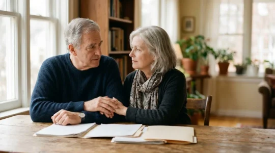 Un couple mature examine ensemble des documents patrimoniaux dans un intérieur chaleureux