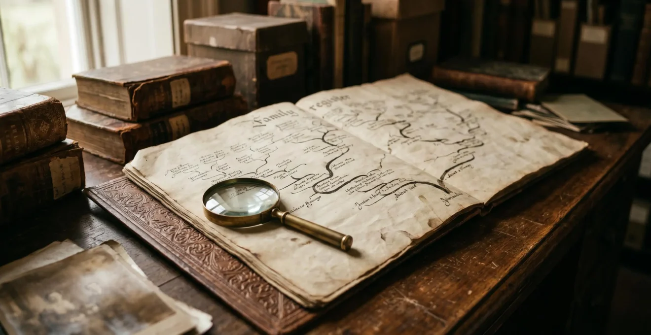 Arbre généalogique détaillé et documents administratifs illustrant la complexité de l'identification des ayants droit dans une succession