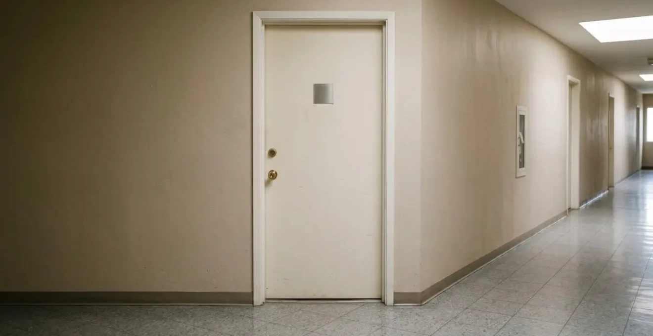 Couloir d'immeuble résidentiel désert avec porte d'appartement close, illustrant une situation de succession vacante