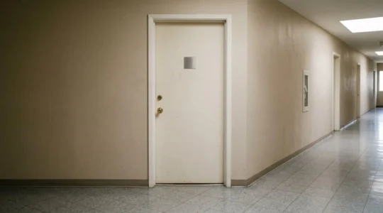 Couloir d'immeuble résidentiel désert avec porte d'appartement close, illustrant une situation de succession vacante