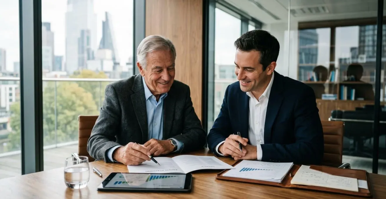 Entrepreneurs discutant de stratégie de transmission d'entreprise familiale avec documents financiers