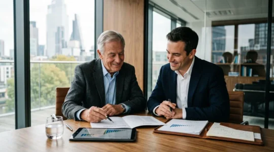 Entrepreneurs discutant de stratégie de transmission d'entreprise familiale avec documents financiers