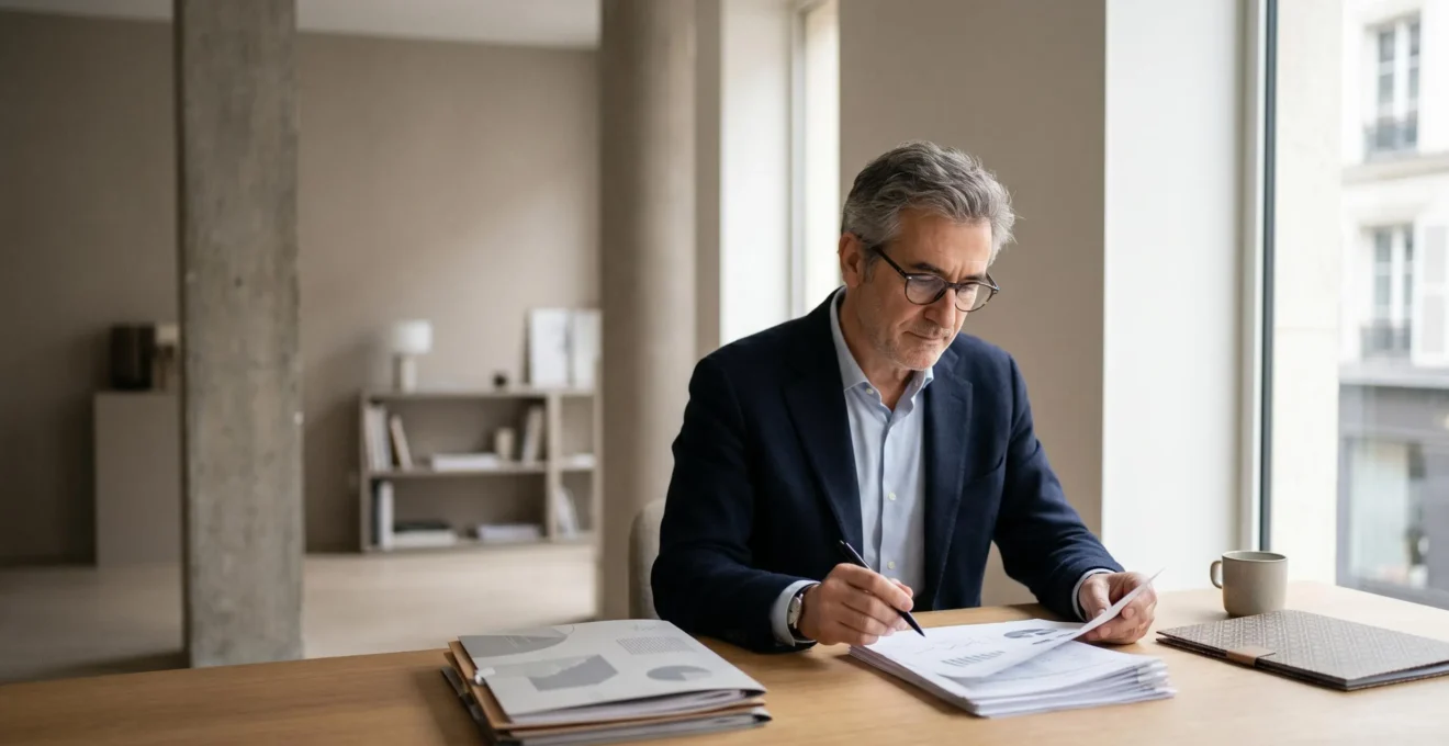 Professionnel vérifiant des documents de retraite complémentaire sur un bureau épuré