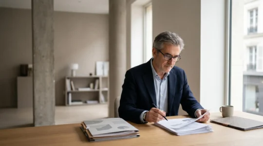 Professionnel vérifiant des documents de retraite complémentaire sur un bureau épuré