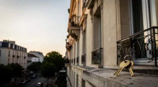 Façade d'un immeuble résidentiel avec des clés posées sur un trousseau symbolisant la protection du propriétaire bailleur