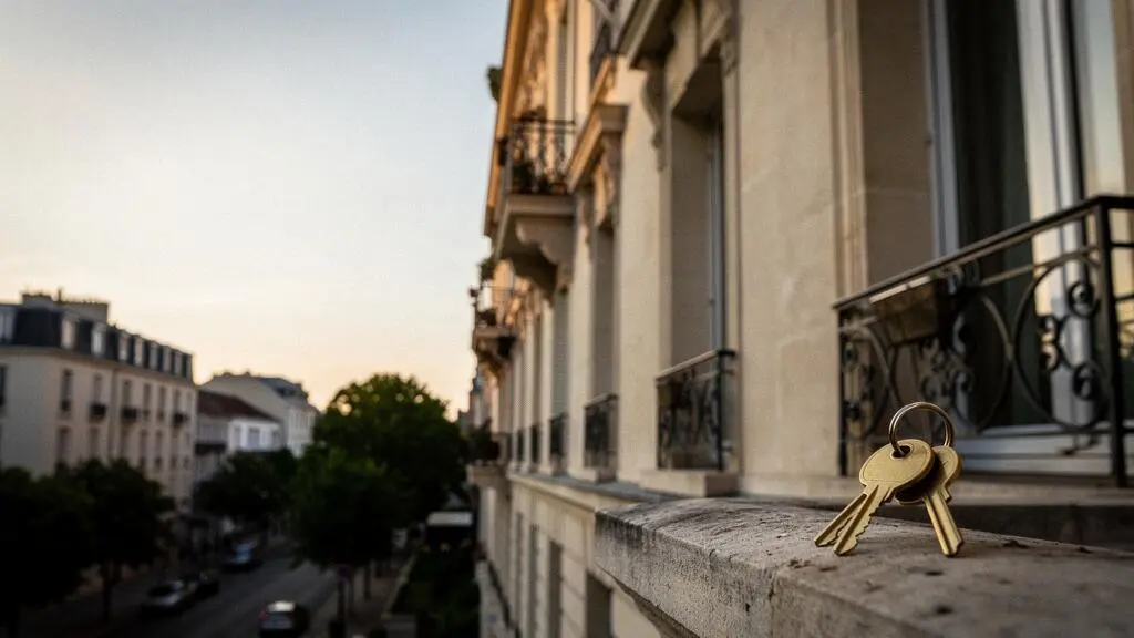 Façade d'un immeuble résidentiel avec des clés posées sur un trousseau symbolisant la protection du propriétaire bailleur