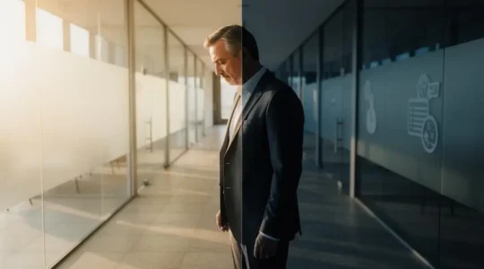 Silhouette d'un cadre en costume debout entre une zone de lumiere chaude et une zone d'ombre plus froide, symbolisant la baisse de revenu a la retraite