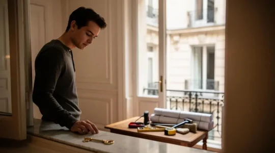 Investisseur immobilier debutant face a un choix symbolique entre gestion directe et service cle en main