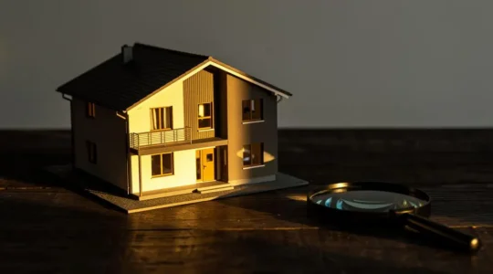 Illustration symbolique d'une maison miniature partiellement dans l'ombre representant les exclusions cachees d'un devis d'assurance habitation a prix bas