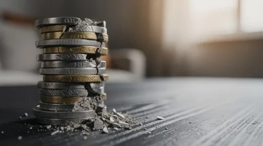 Pile de pièces de monnaie craquelée symbolisant l'érosion de l'épargne garantie par l'inflation