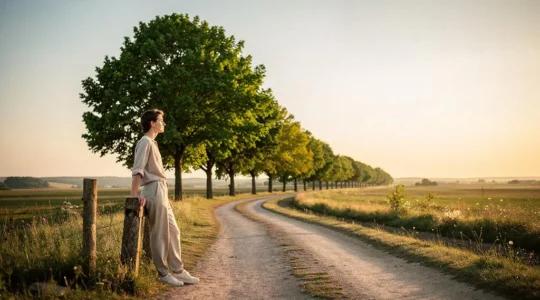 Jeune adulte contemplant un chemin symbolisant la croissance progressive d'un patrimoine dans le temps