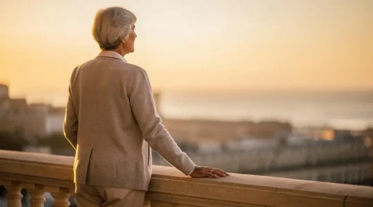 Personne agee sereine contemplant l'horizon, symbole de securite financiere a vie grace a la rente viagere