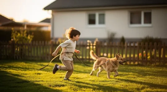Illustration symbolique d'une famille avec un enfant et un chien dans un jardin, évoquant la protection de la responsabilité civile vie privée
