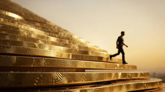 Escalier symbolique de pièces dorées représentant les paliers d'imposition à franchir lors d'une sortie en capital du PER