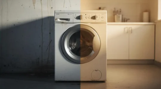 Comparaison symbolique entre un appareil électroménager endommagé par un sinistre et son équivalent neuf, illustrant le choix entre valeur d'usage et valeur à neuf