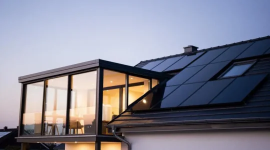 Véranda vitrée et panneaux solaires sur un toit, symbolisant la question de leur couverture par l'assurance habitation